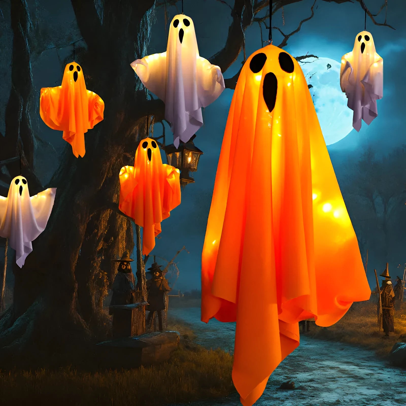 Halloween ghost light decoration with cloth covering in luminous white or orange colour options