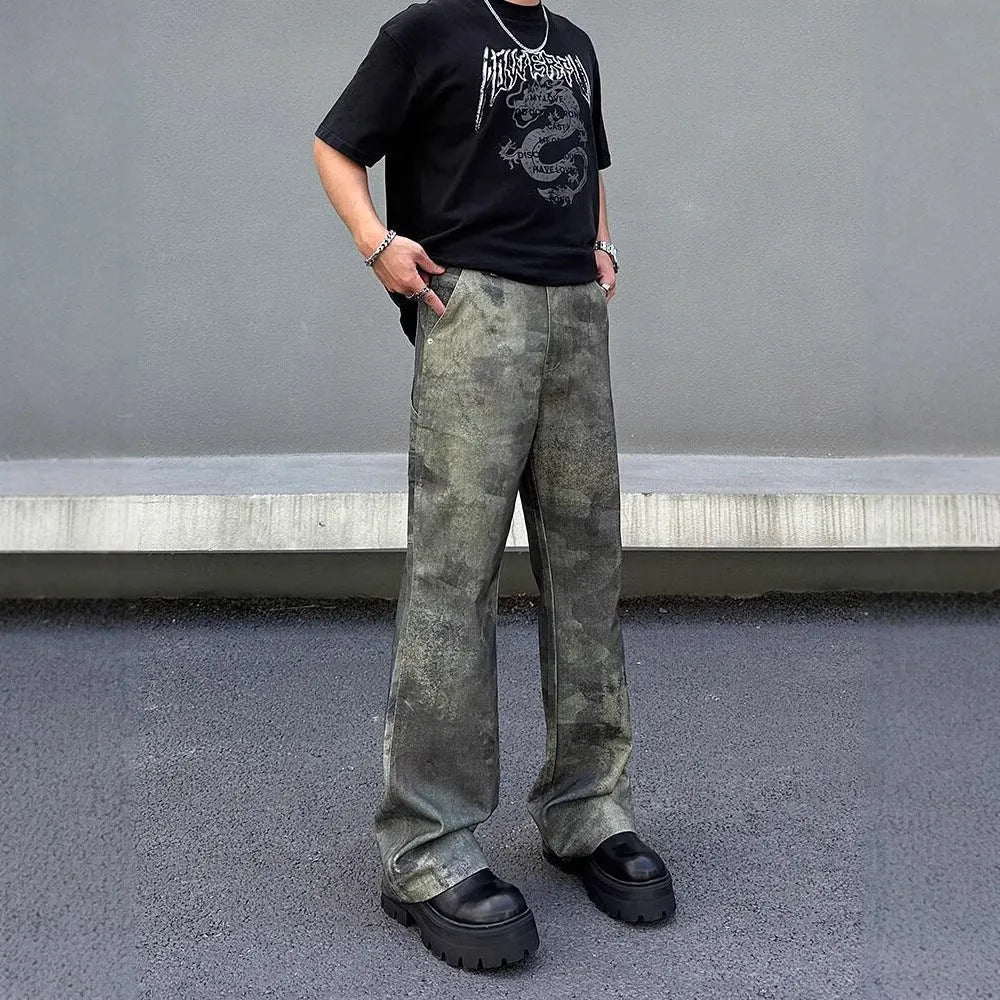 Men's retro digital camouflage denim jeans with straight leg cut and mid waist design