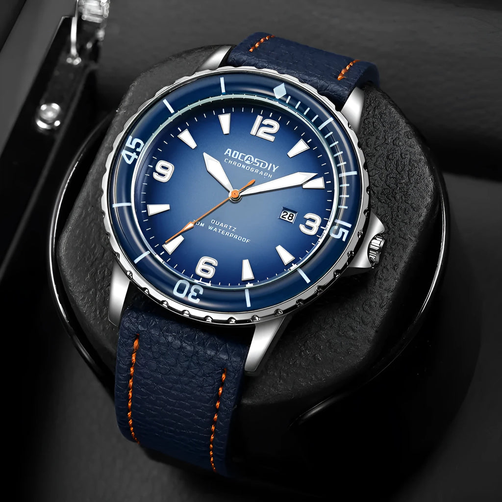 Casual digital men's quartz watch with 45mm round dial, calendar, mineral glass, and spiral crown on light background