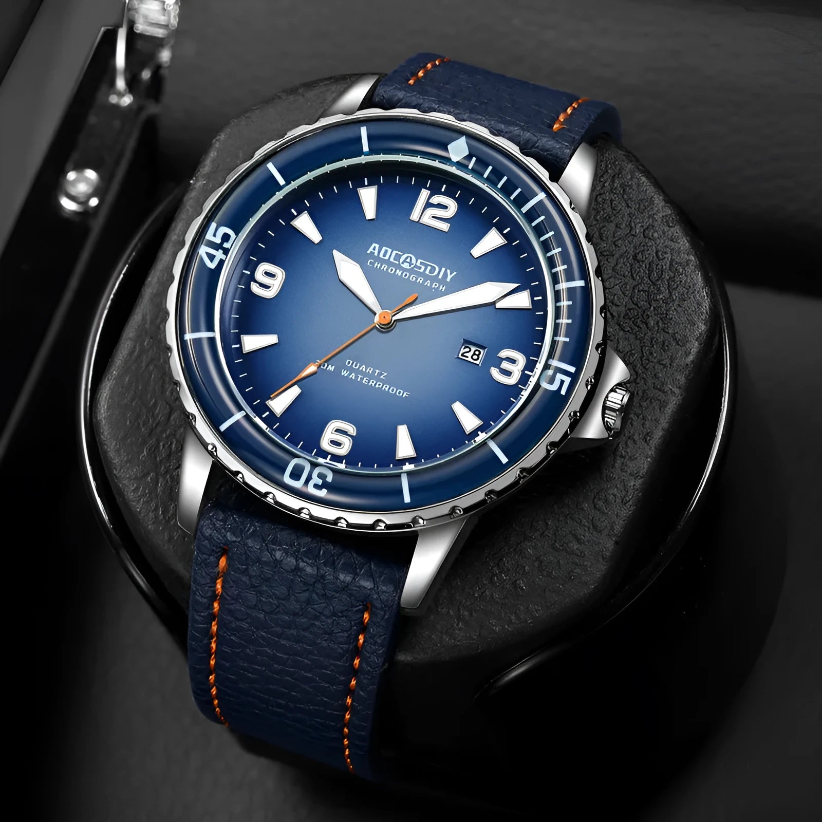 Casual digital men's quartz watch with 45mm round dial, calendar, mineral glass, and spiral crown on light background