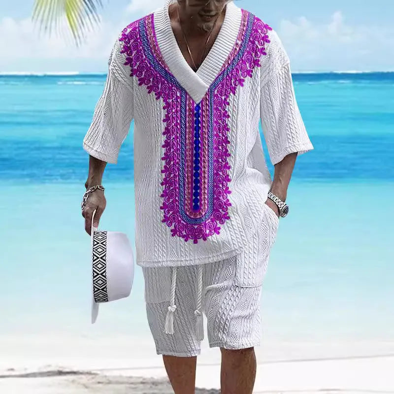 Men's printed drop-shoulder knitted short-sleeve top with matching shorts, a casual suit set.