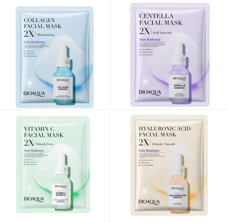 Single sheet of a white collagen face mask and a multi-pack box of 30g facial sheet masks.