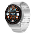 Smartwatch with 1.39 inch glass screen, black shell, black silicone strap, showing step counter screen