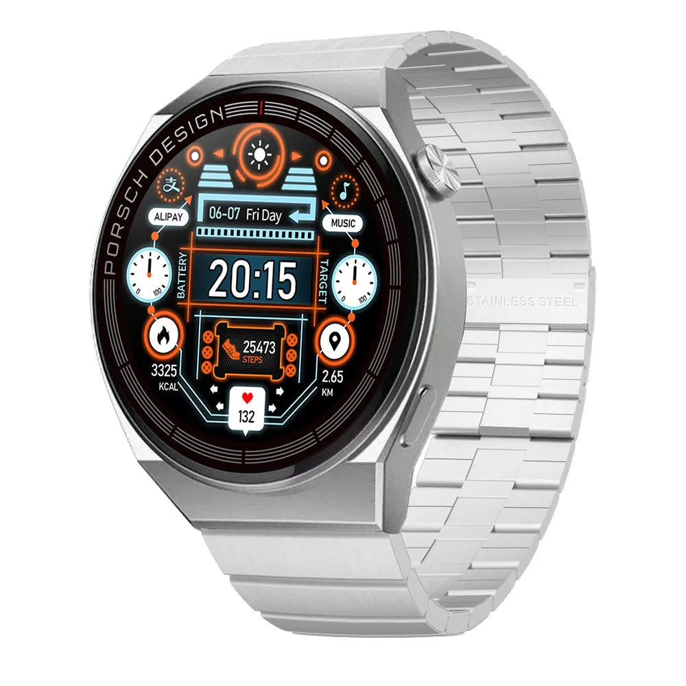Smartwatch with 1.39 inch glass screen, black shell, black silicone strap, showing step counter screen