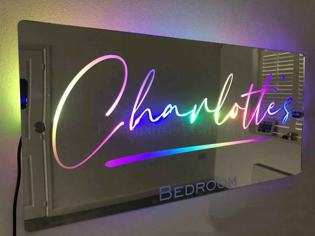Personalised acrylic LED name mirror light with custom photo, soft glow, and remote control
