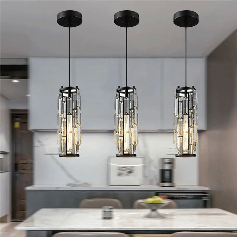 Industrial single head LED droplight with crystal design in black, gold, or chrome finish for bedside or aisle use.
