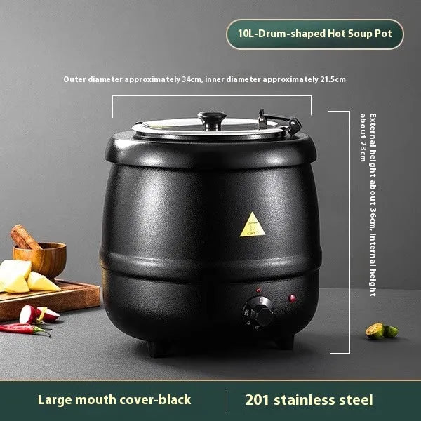 Black stainless steel insulated soup pot with steel lid and electric cord, showing large mouth opening.