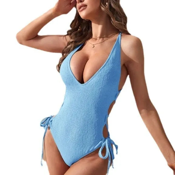 Women's hollow backless tether bikini one-piece swimsuit in solid colour polyester