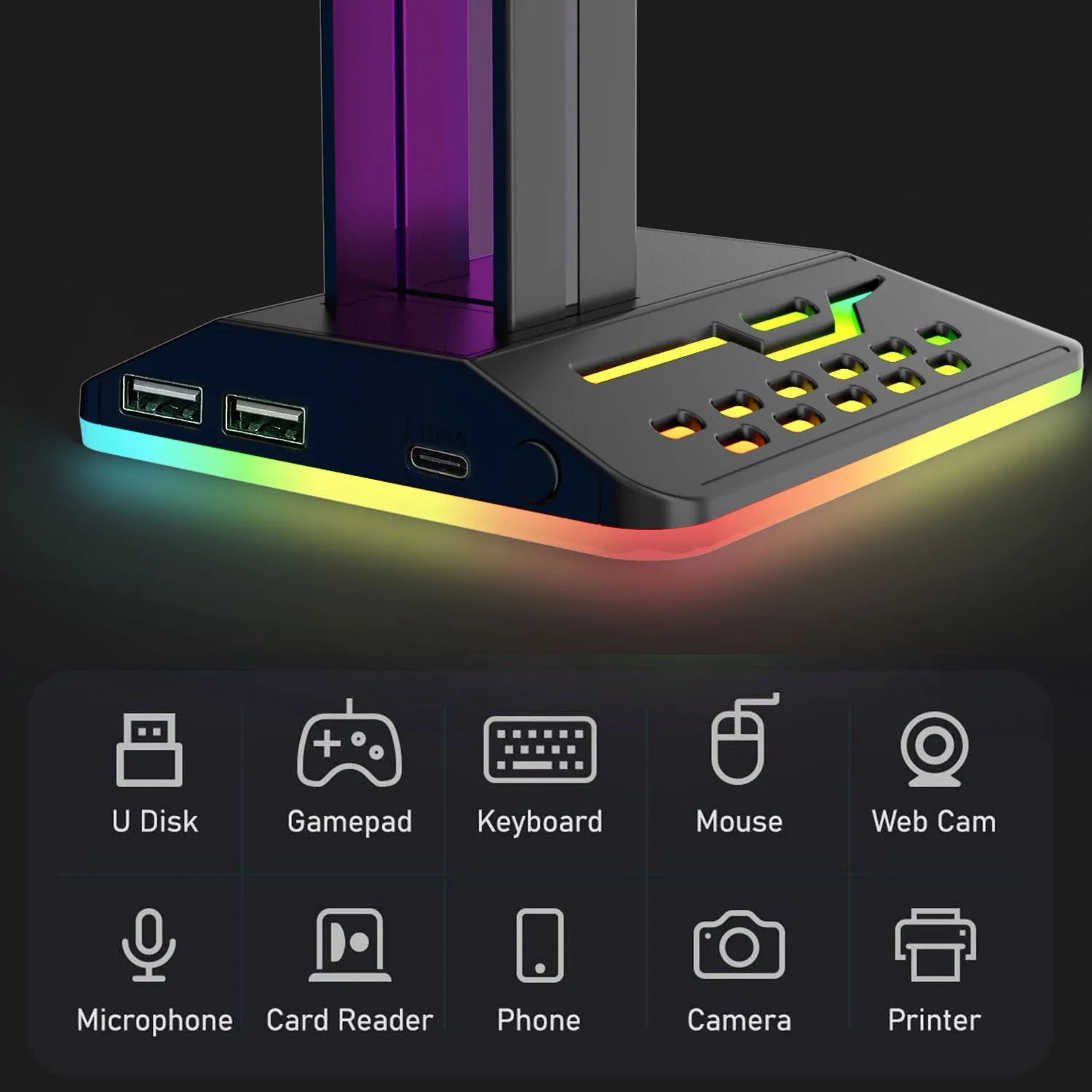 RGB colour changing headset bracket with dual USB ports and headphone holder