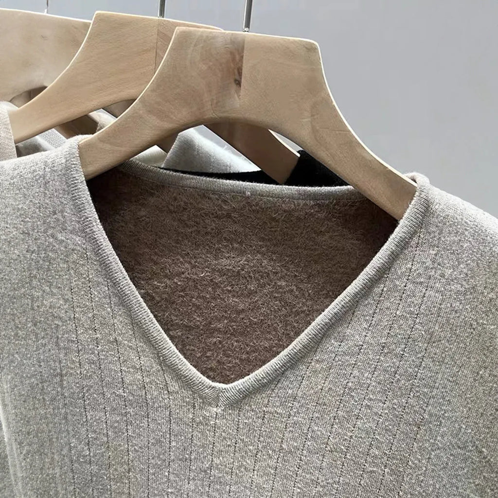 Fluffy V-neck long sleeve t-shirt sweater for women in khaki colour, soft viscose fabric pullover casual top