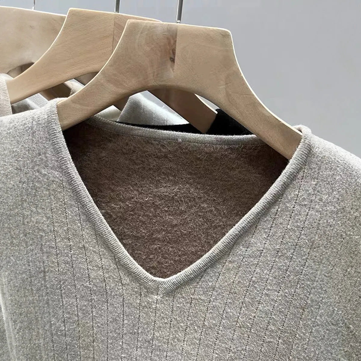 Fluffy V-neck long sleeve t-shirt sweater for women in khaki colour, soft viscose fabric pullover casual top