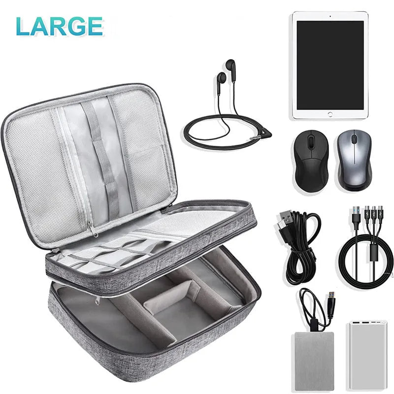 Grey waterproof electronics organiser with double-layer interior, adjustable dividers, and carrying handle