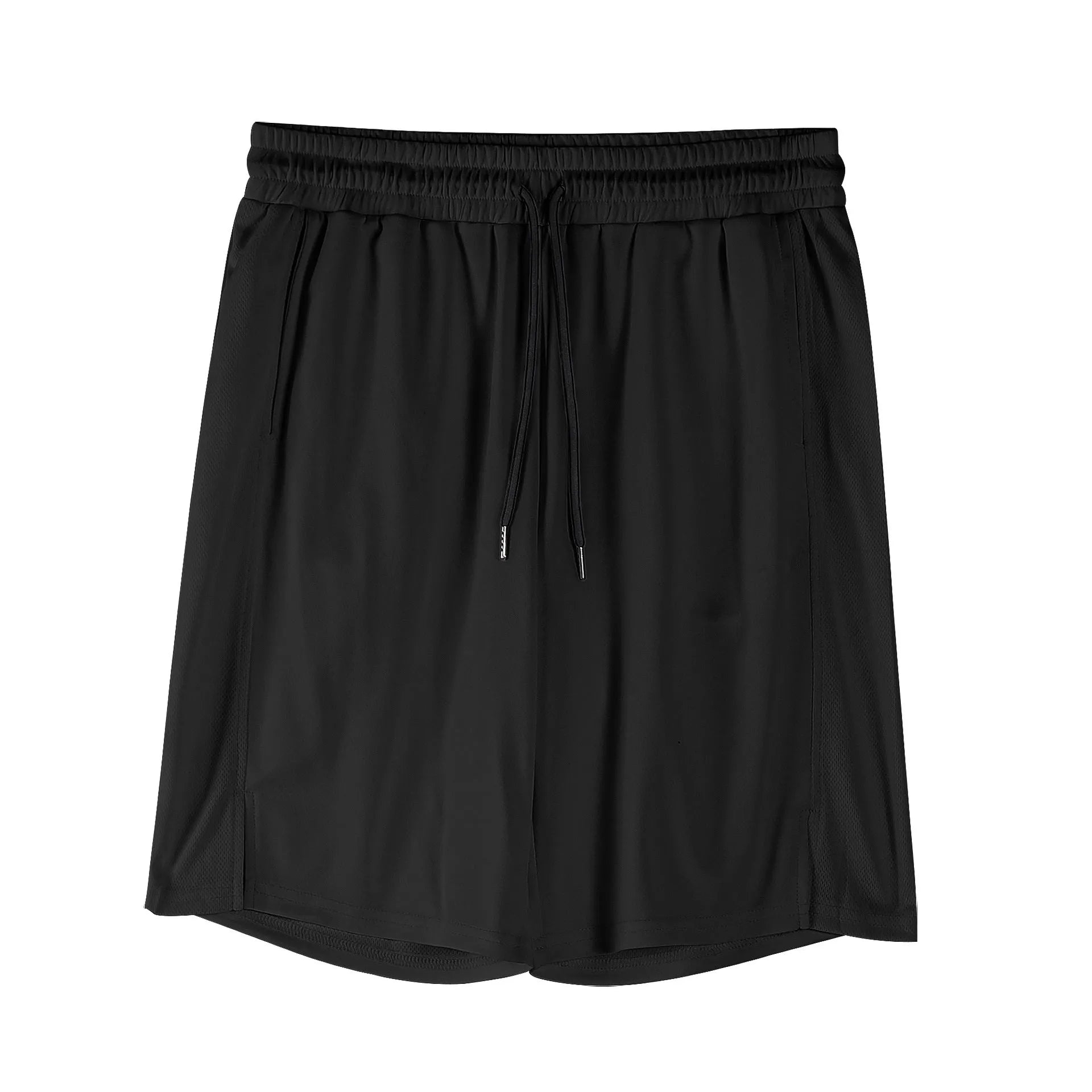 Men's black and white quick-dry mesh shorts with elastic waistband and loose fit