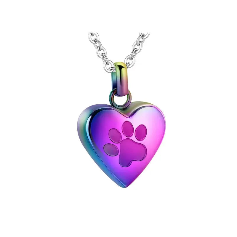 Openable heart-shaped cinerary casket necklace with paw print, made from polished titanium steel.
