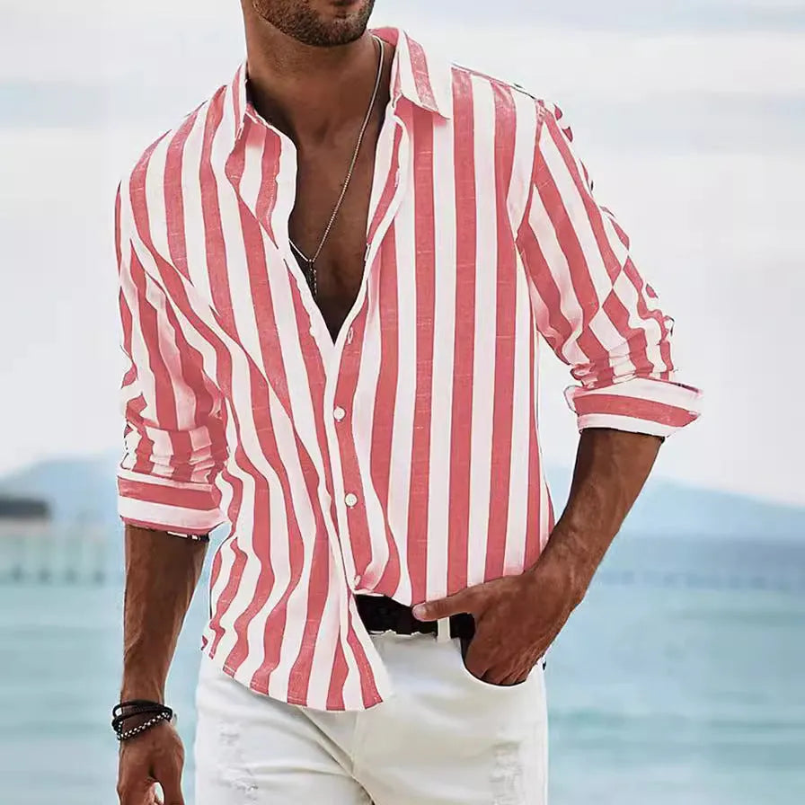 Men's yarn-dyed striped loose long-sleeved shirt in British style polyester fabric