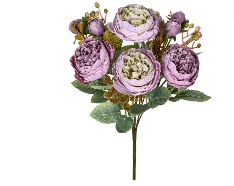 Artificial peony bouquet silk flower arrangement champagne sand red colour 30cm tall