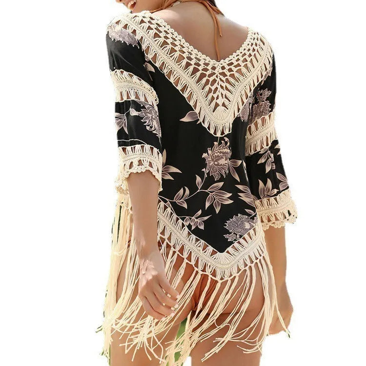 Women's apricot sun protection shirt with V-neck collar and hollow-out sleeves on a hanger