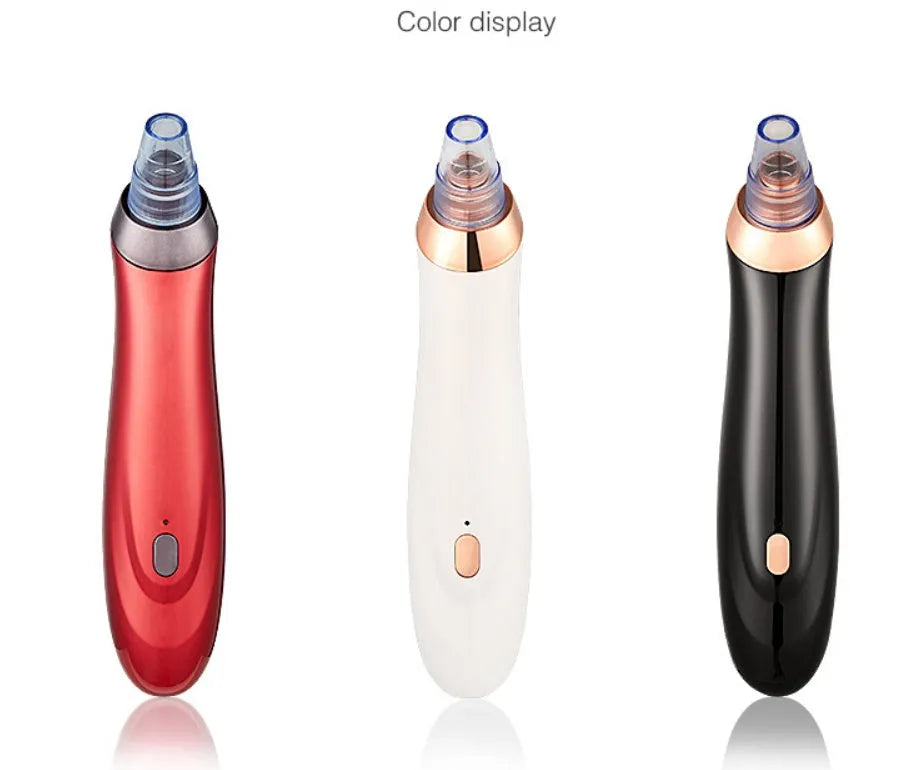Electric blackhead remover pore cleaner in black with interchangeable nozzle heads and compact design