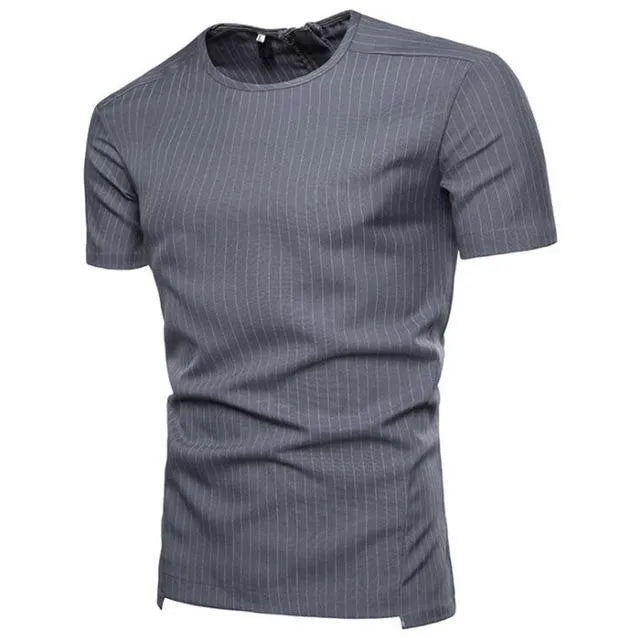 Mens O-neck T-shirt in 90% cotton with striped round neck, minimalist design, available in Black and Gray