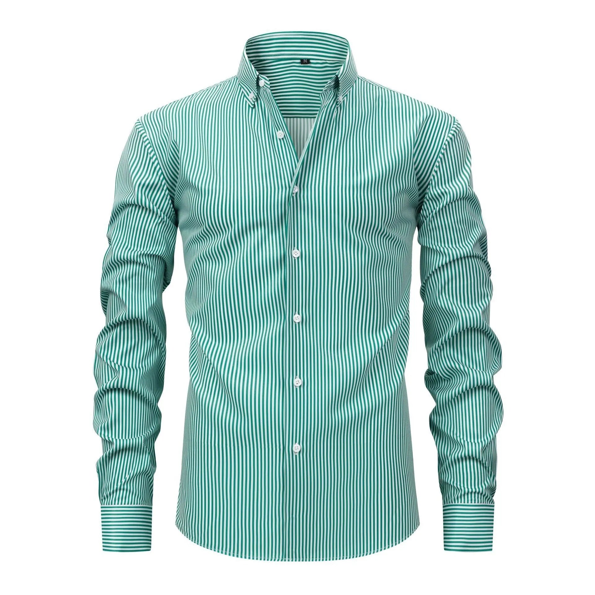 Man wearing a striped long-sleeved anti-wrinkle business casual shirt with a lapel collar.