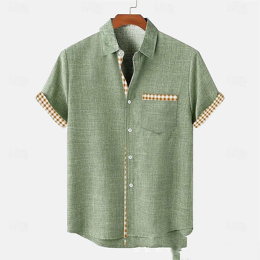 Linen short-sleeved casual shirt with a printed ocean fish pattern, shown in a loose fit.