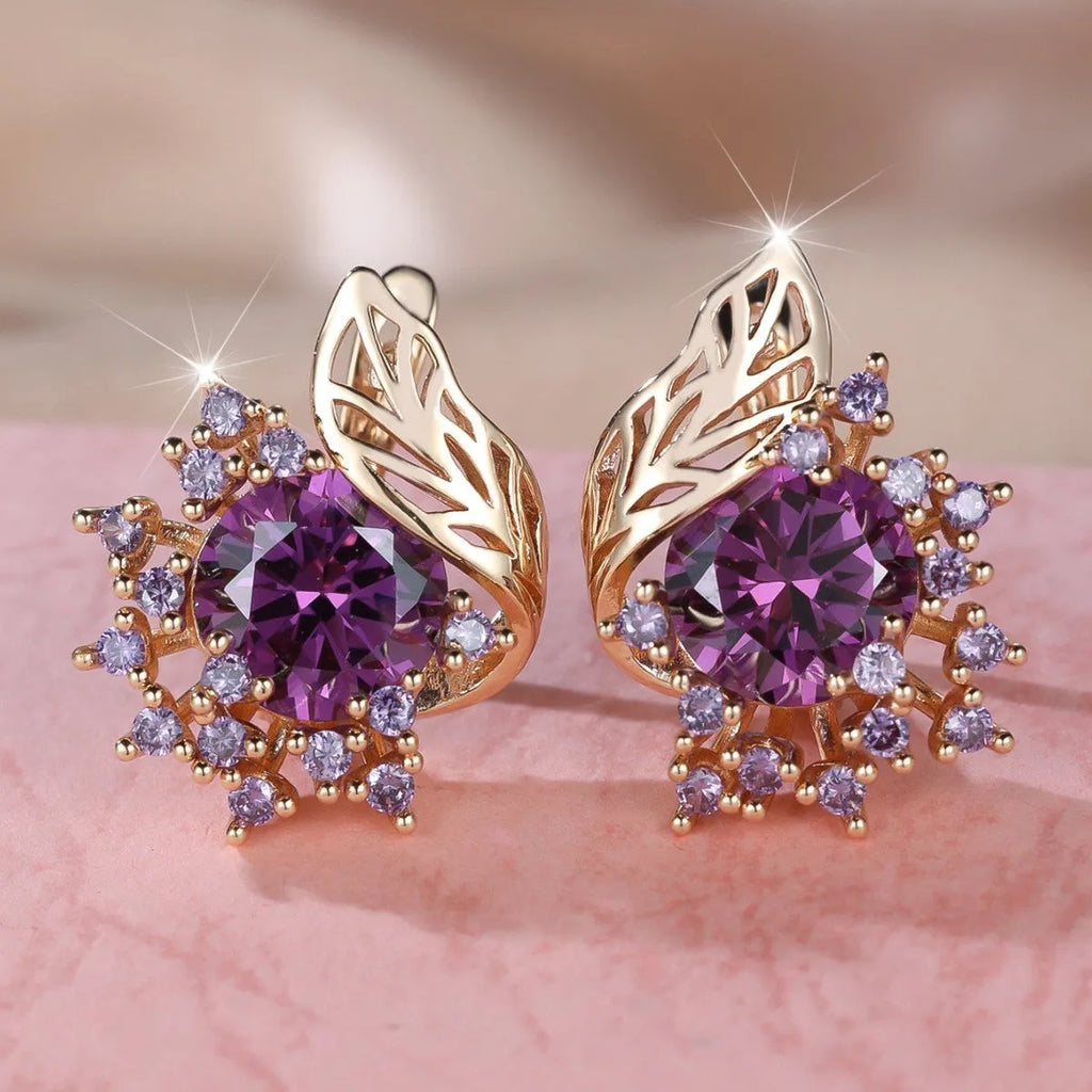 Round flower feather design zircon earrings in electroplated champagne gold with coloured stone options