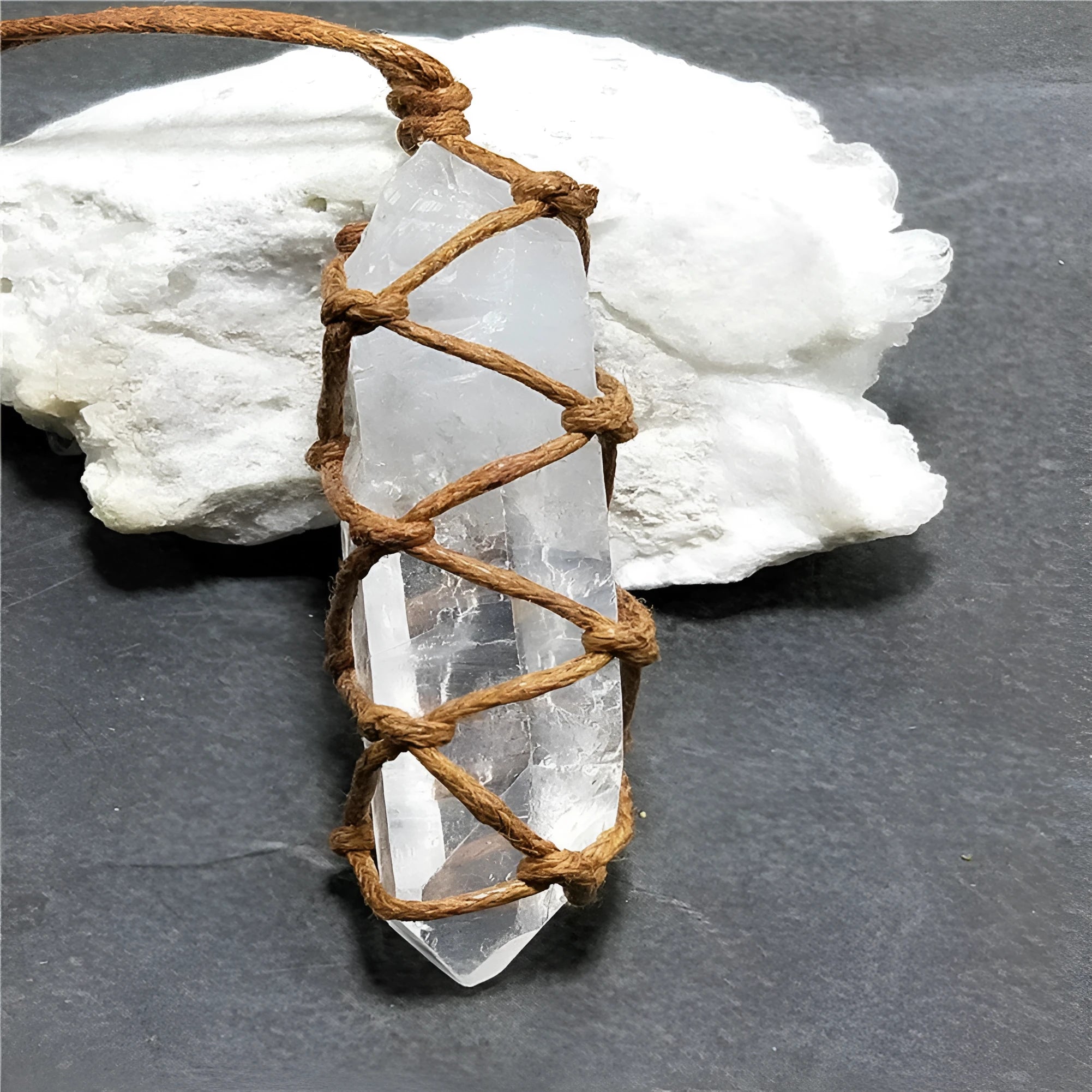 White crystal pillar pendant necklace in transparent colour with geometric shape hanging from chain