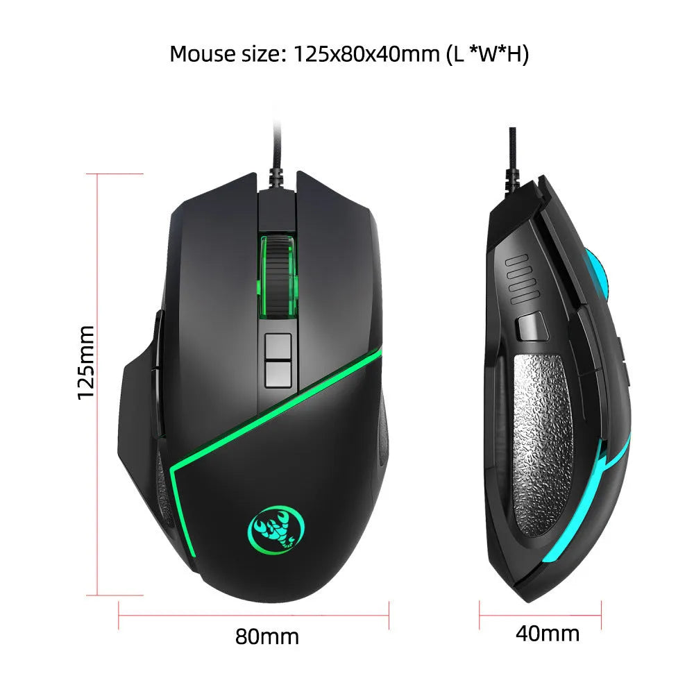 Black wired gaming mouse with 8 buttons, adjustable DPI, and 7-color breathing light on a desk