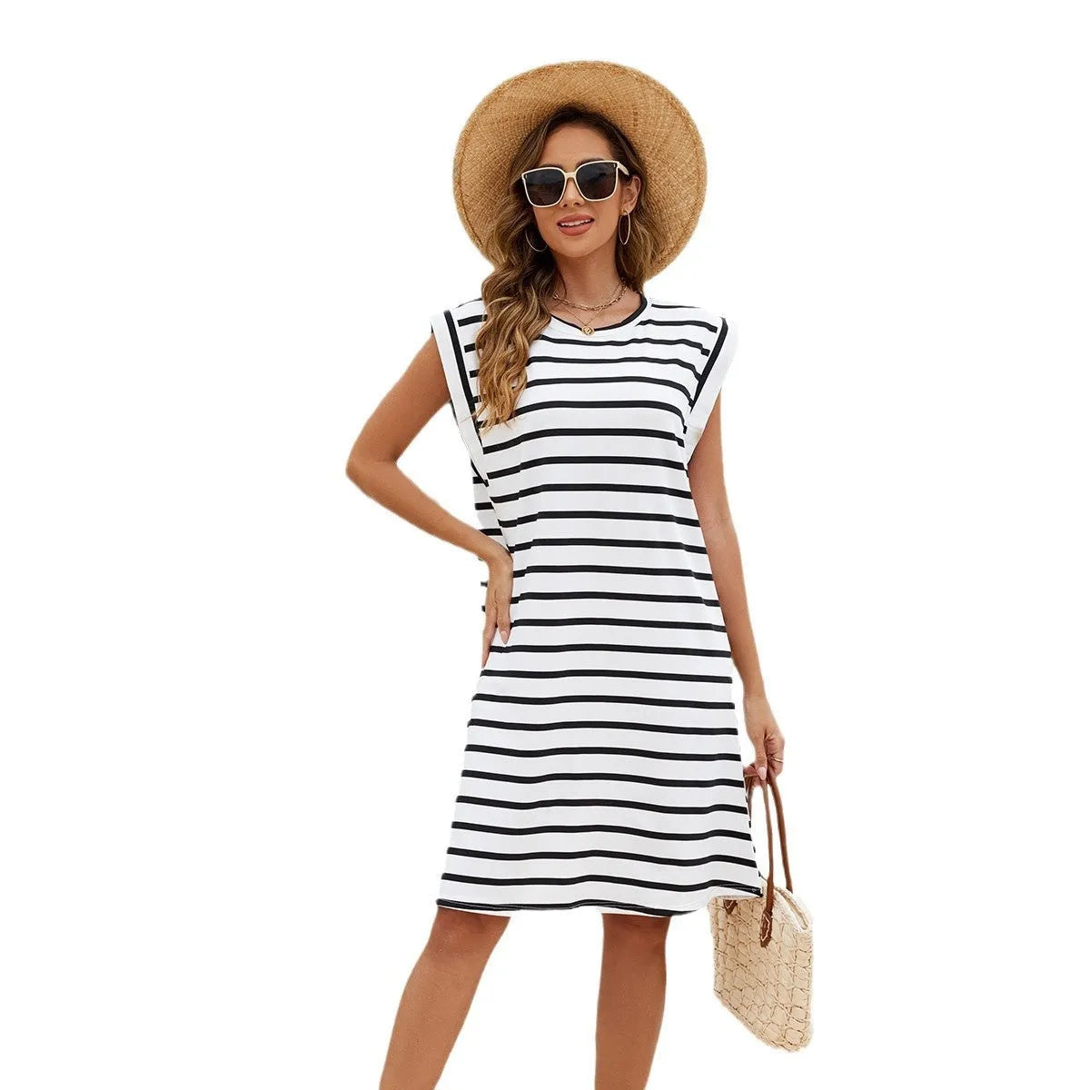 Women's black and white striped polyester beach cover-up blouse.