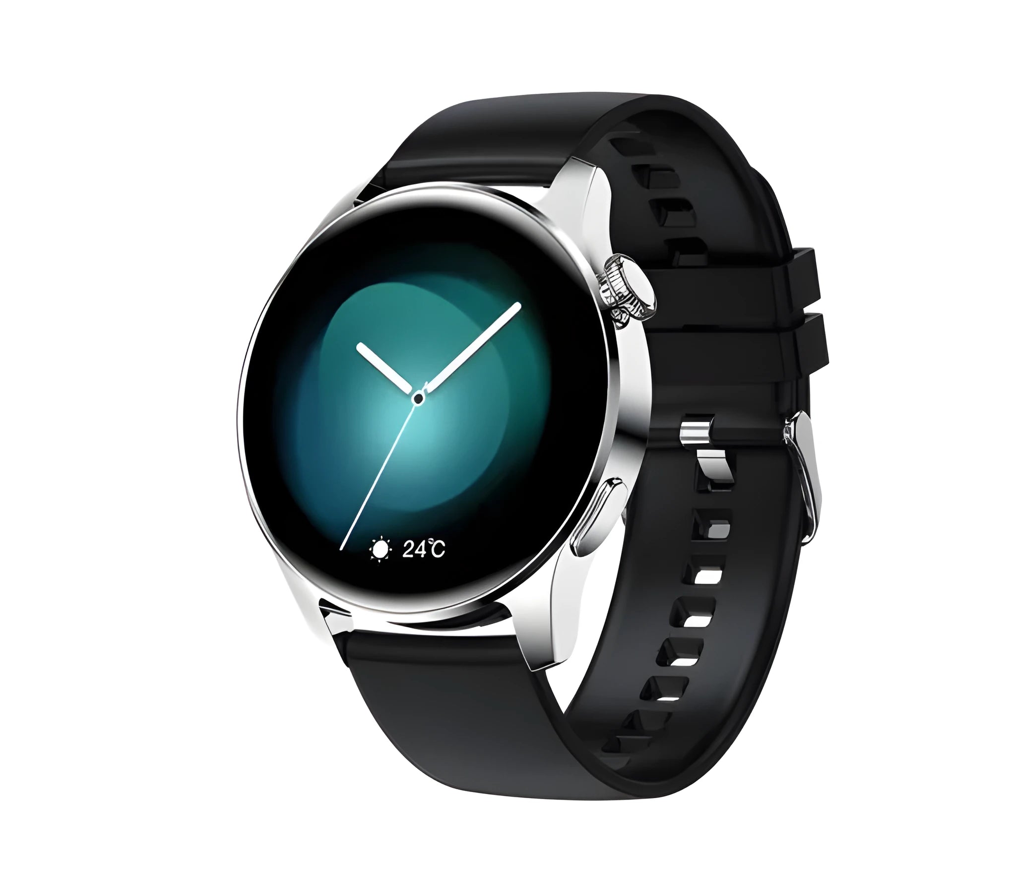 Smart watch with round colour display on a black silicone strap, showing heart rate data on screen.