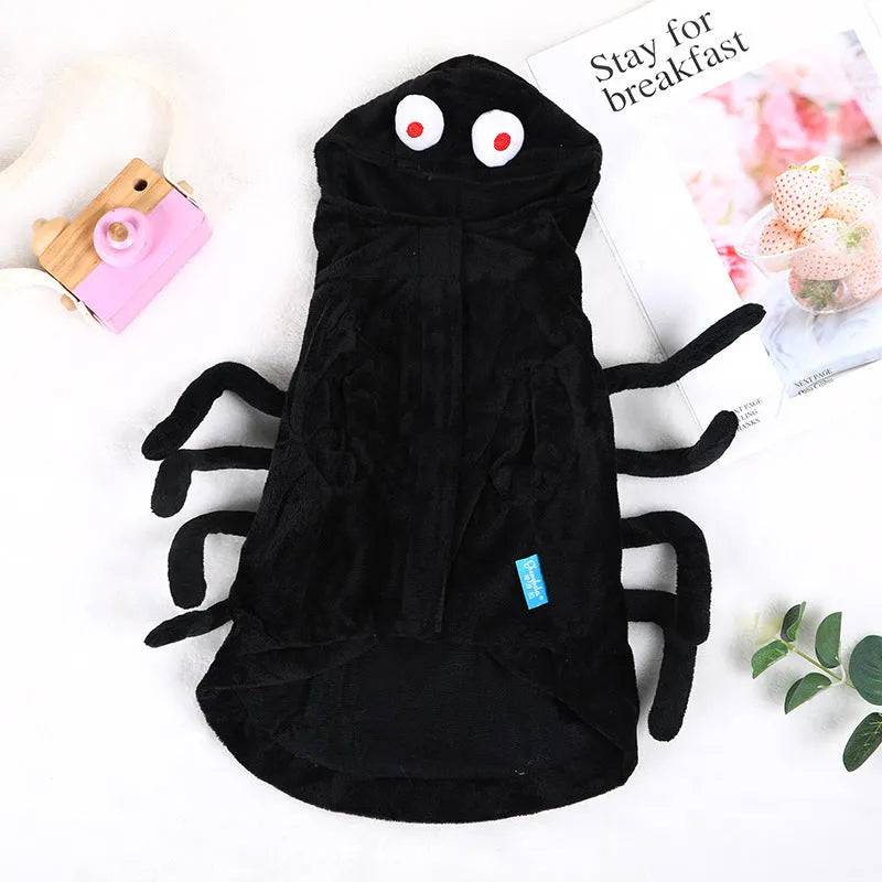 Halloween dog costume with black spider pattern print on polyester fabric, sized S M L