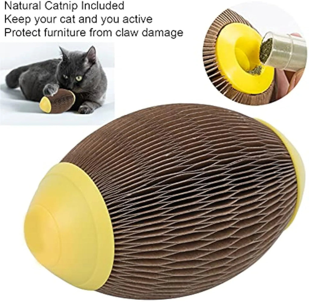 Elliptical corrugated paper catnip football toy measuring 65x108mm
