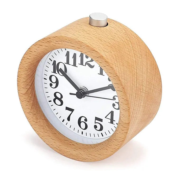 Solid beech wood silent snooze alarm clock with a 4-inch white dial on a wooden base.