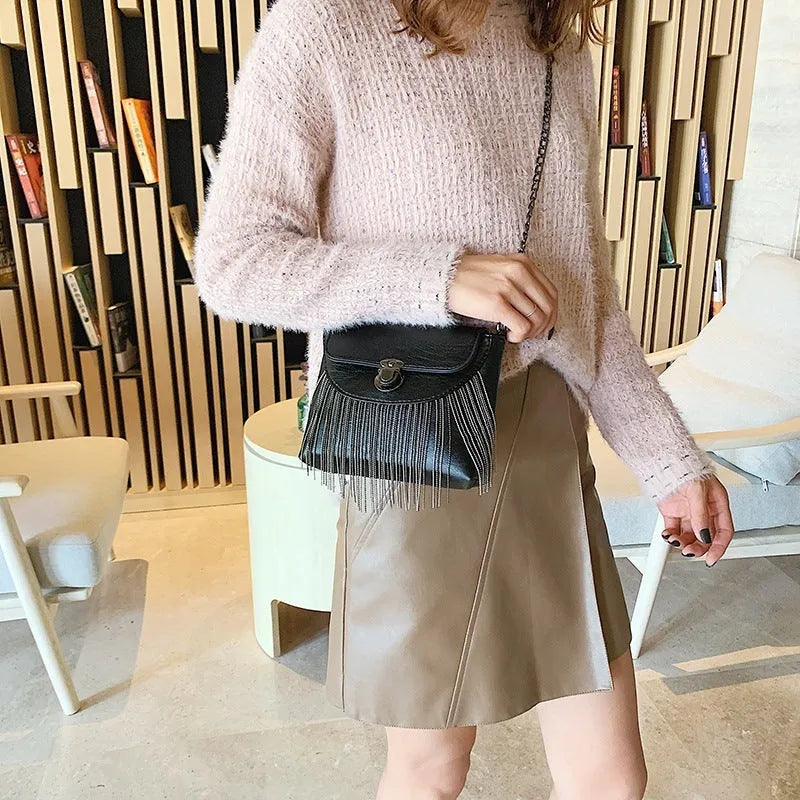 Women's rivet tassel chain crossbody bag PU cotton lining 18x6x13 cm Style 1 and Style 2
