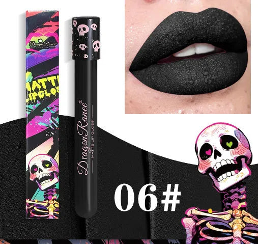 Halloween creative makeup lip gloss in skull test tube packaging with gold and silver matte shades