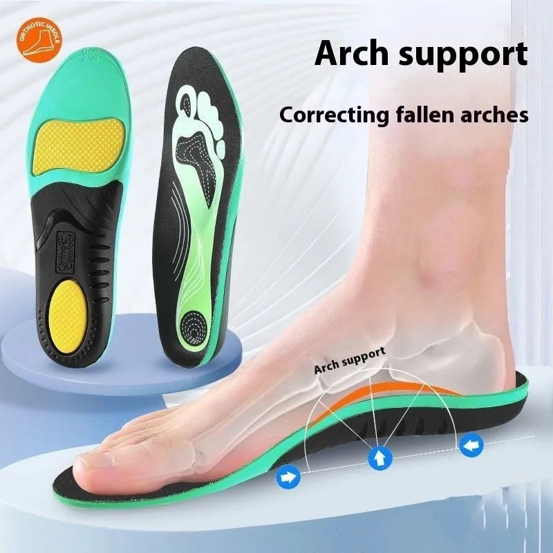 Blue and green PU flat foot correction insoles for arch support, shown in various sizes.