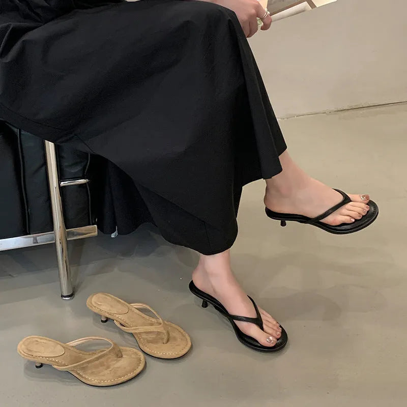 Women's round toe stiletto sandals with open-toed flip-flop design in sheepskin camel colour