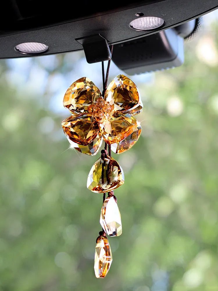 Crystal four leaf clover car pendant decoration approximately 20cm in transparent, champagne, black or shiny finish