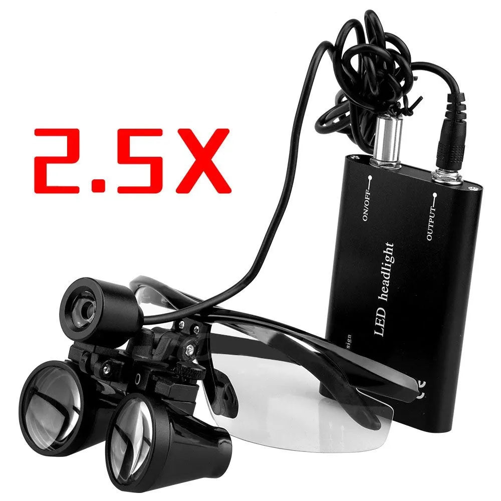 Black head-mounted LED magnifying glass for dental work with 2.5X magnification and adjustable headlight