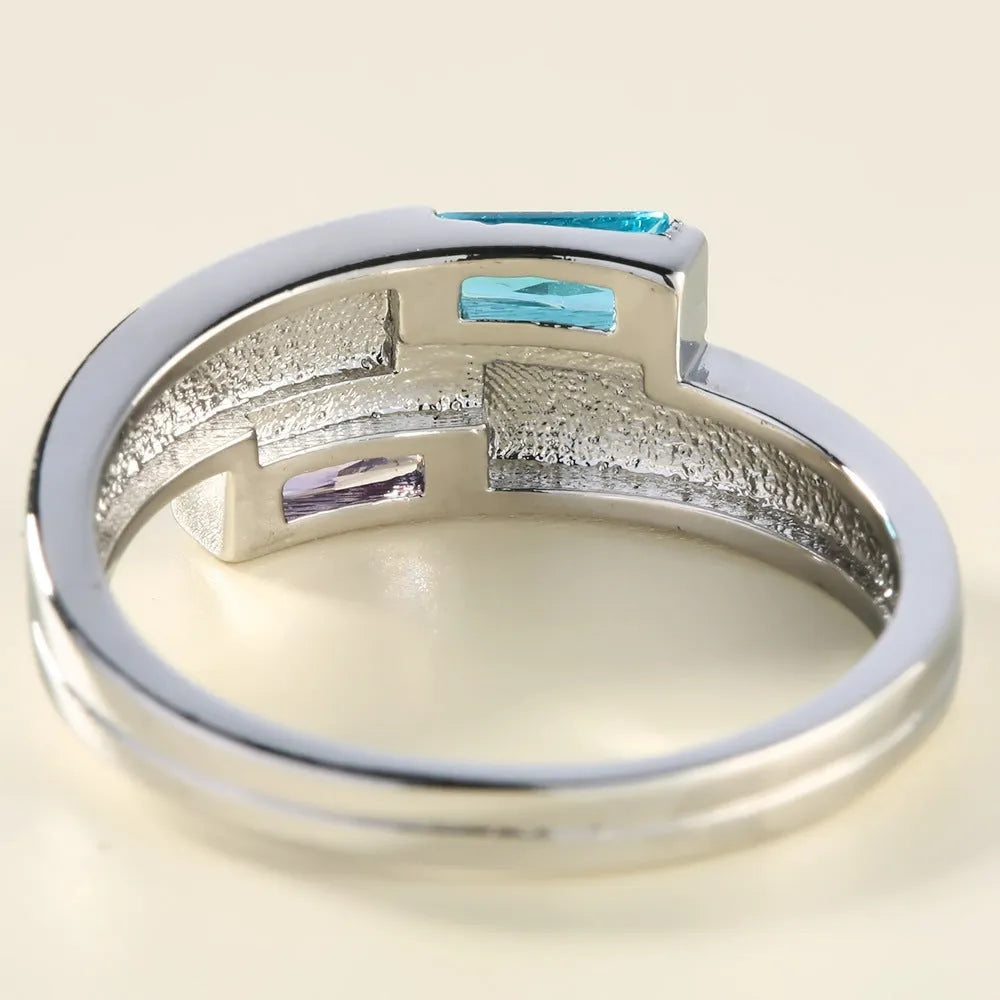 Copper ring with electroplated silver finish and inlaid zircon stones in contemporary European American style