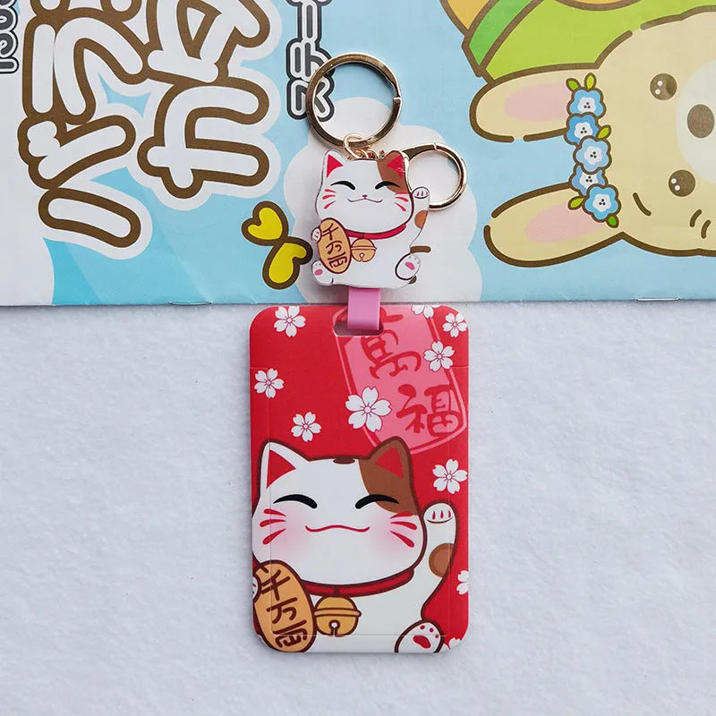 Cartoon lucky cat design plastic certificate sleeve and matching ferrule pendant set.