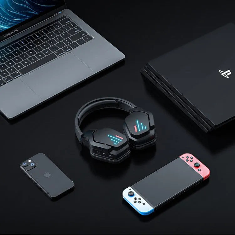 Luminous black wireless headphones with head-mounted design showing 3.5mm cable and dust bag