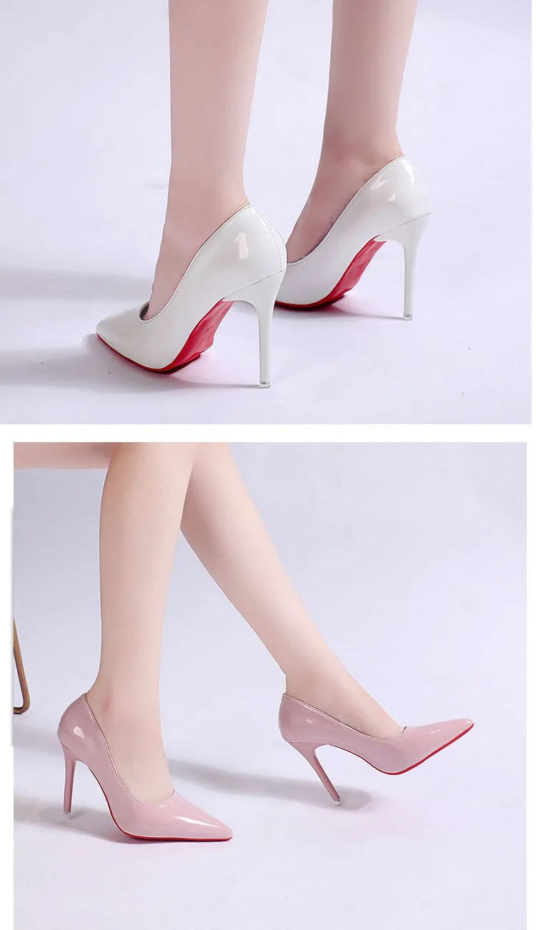 Women's pointed toe stiletto pump in a solid colour with a shallow cut, showing heel height options.