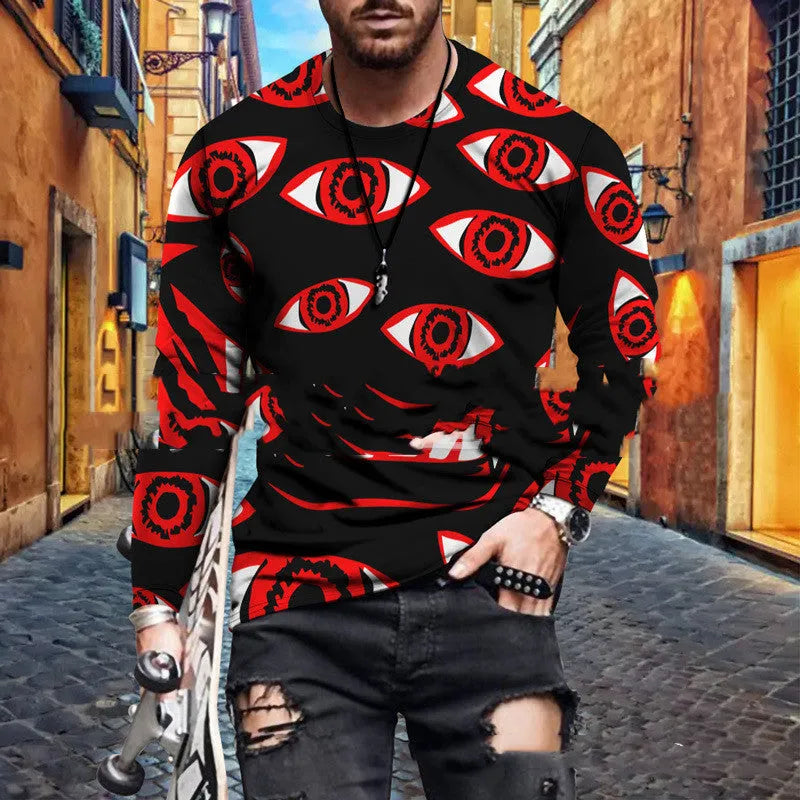 Colour block printed men's top with round neck in polyester blend fabric, digital print pattern
