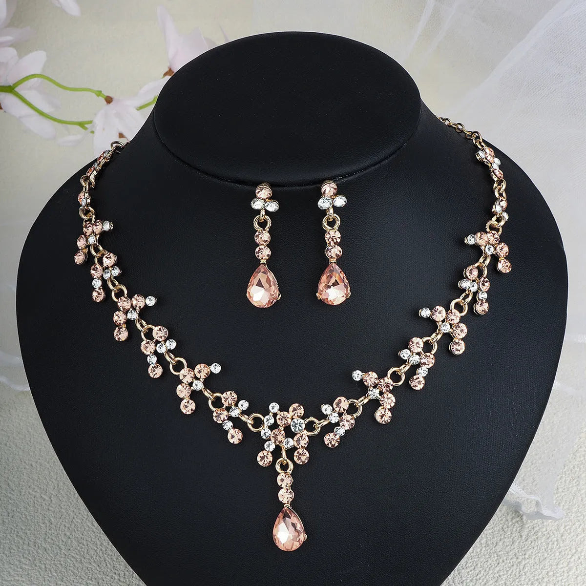 Rhinestone pearl earrings and necklace set for women wedding jewellery in silver gold AB blue green red champagne purple