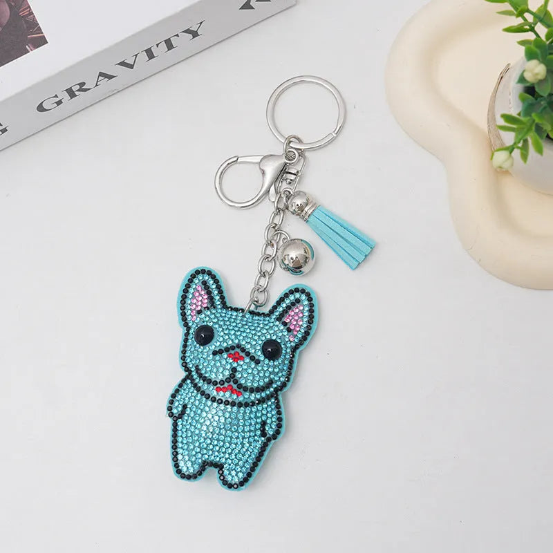 French dog cartoon rhinestone keychain pendant in caramel colour with alloy electroplating