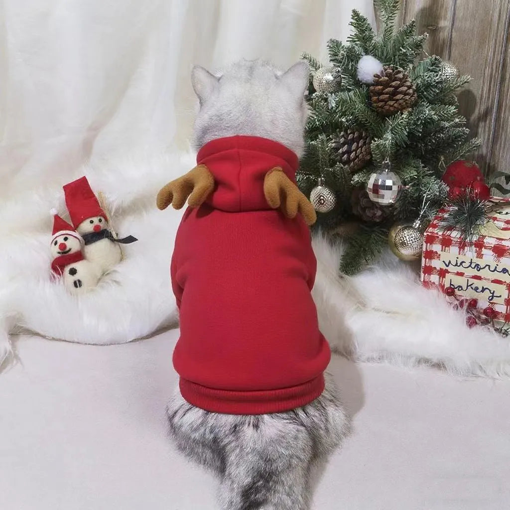 Red polyester cotton elk-themed pet costume for Halloween or Christmas, available in multiple sizes