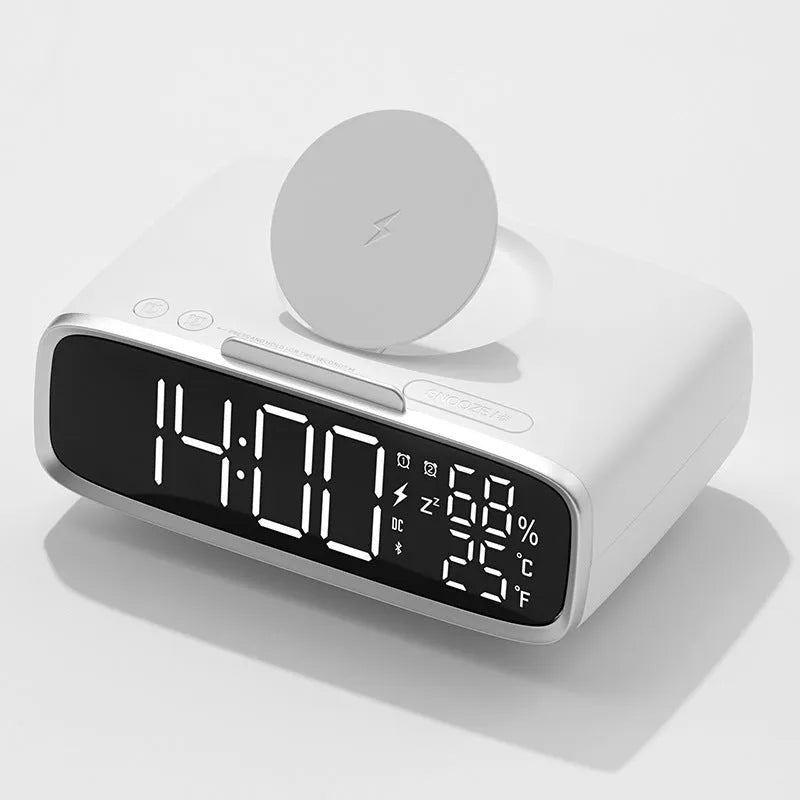 White Bluetooth speaker wireless charger with night lamp showing Qi charging surface and LED illumination