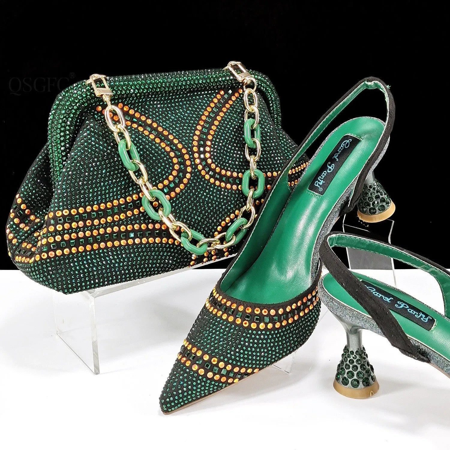 Women's pointed toe high heels with rhinestones and a matching small bag, shown in one of eight available colours.