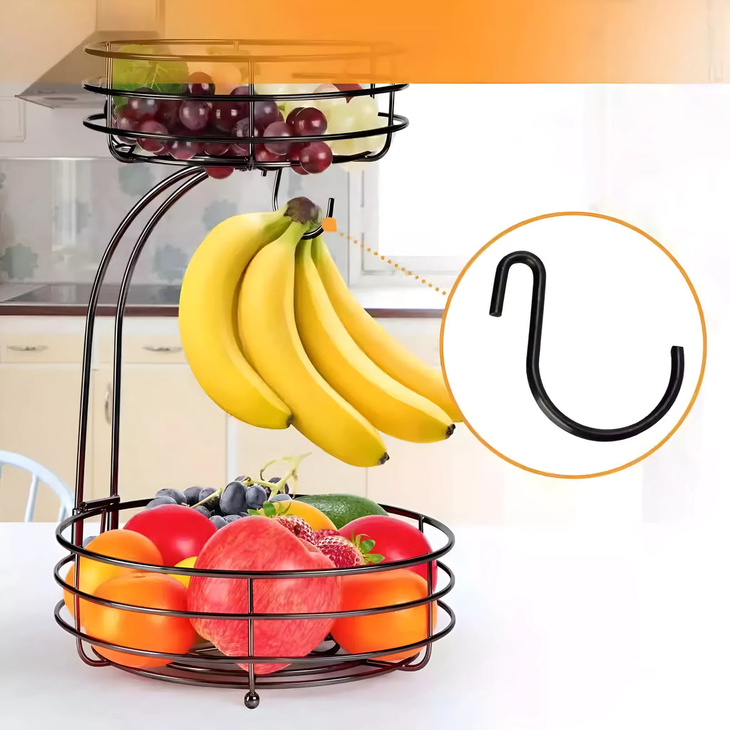 Black wrought iron double-layer fruit basket with open-weave sides for produce storage